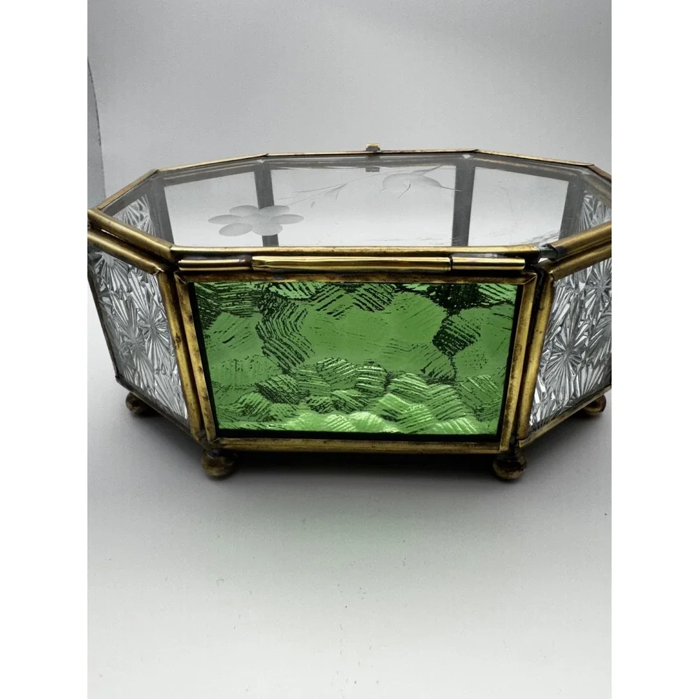 1980's Octagonal Glass Jewelry Box with brass tone frame Etched